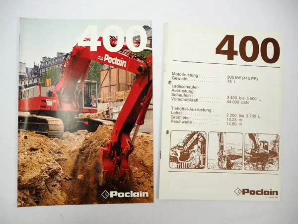 2x Prospekt Poclain 400 Raupenbagger Technische Daten 1980er Jahre