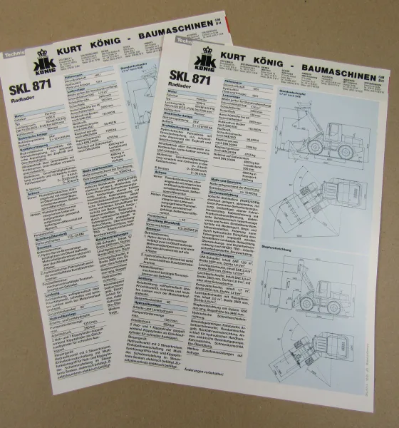 2x Prospekt Schaeff SKL 871 Radlader mit Perkinsmotor von 1993