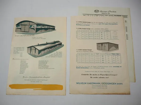 2x Prospekt Wilhelm Harzmann Göggingen Gewa Garagen für PKW LKW 1957