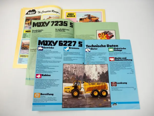 3 Prospekte Moxy 7235S 6227S + Gesamtprogramm Muldenkipper 1986/87