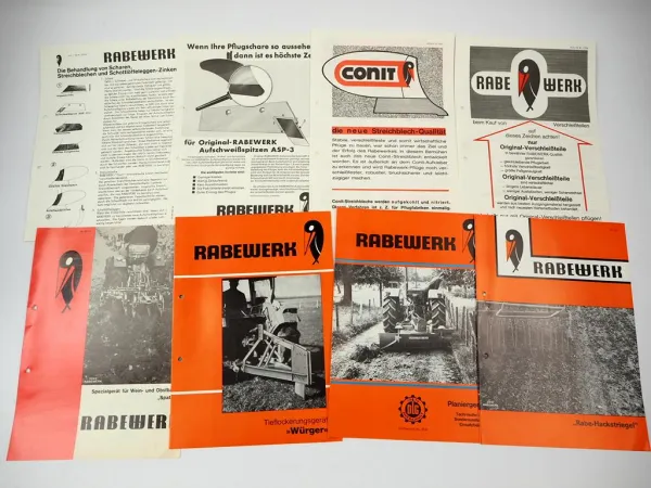 30x Original Prospekt Rabewerk Landtechnik Eggen Pflüge Grubber 1970er Jahre