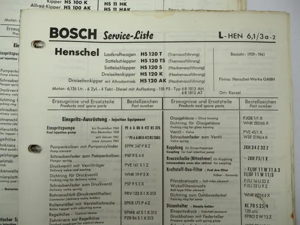 32x Original Bosch Service-Liste für Henschel LKW Typ HS F K S 1953-1971