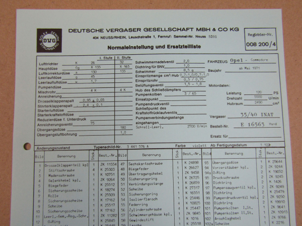 35/40 INAT Vergaser Ersatzteilliste Normaleinstellung Opel Commodore ab 5/71