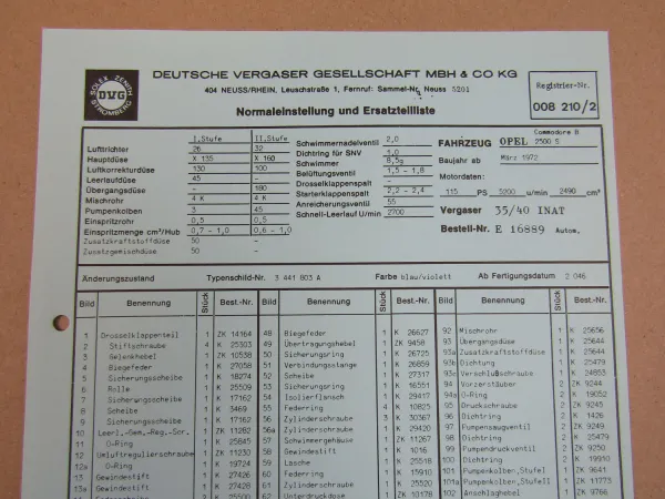 35/40 INAT Vergaser Ersatzteilliste Normaleinstellung Opel Commodore B 2500 S