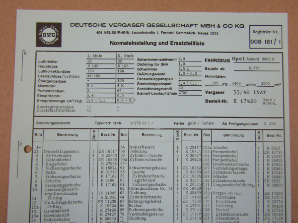 35/40 INAT Vergaser Ersatzteilliste Normaleinstellung Opel Rekord 2000 S ab 6/75