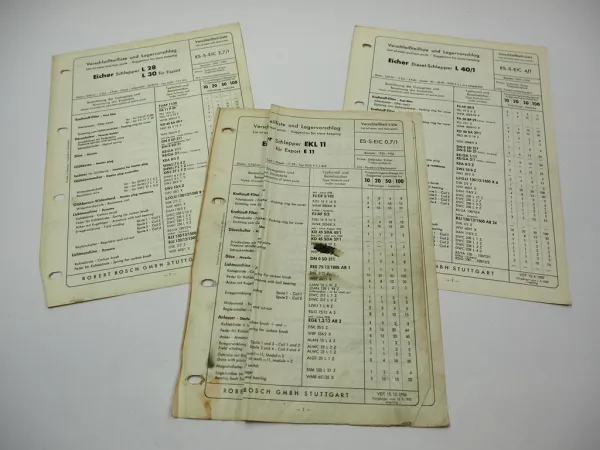 3x Bosch Verschleißteilliste für Eicher E EKL 11 L 28 30 40/1 Schlepper 1951-57