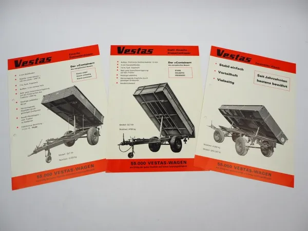 3x Orig. Prospekt Vestas DFK SLT Anhänger Kipper 1976/77 mit technischen Daten
