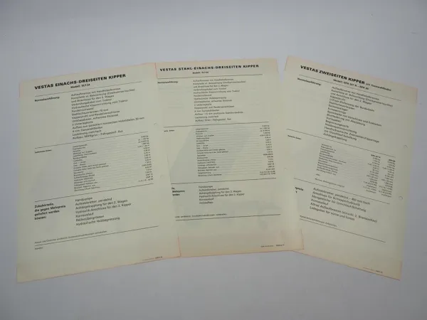 3x Orig. Prospekt Vestas DFK SLT Anhänger Kipper 1976/77 mit technischen Daten