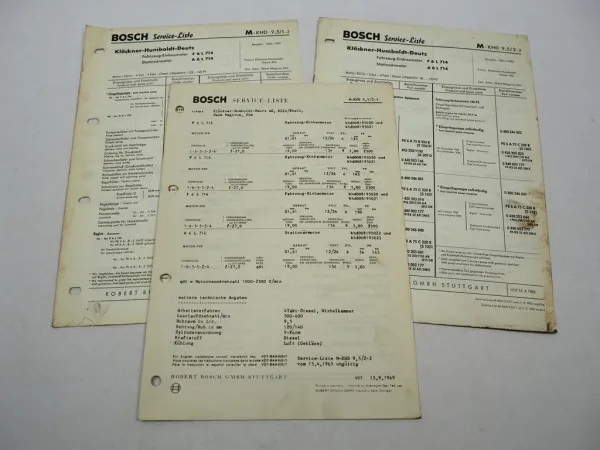 3x Original Bosch Service Liste für Deutz Motor F6L A6L 714 BJ 1958-1965