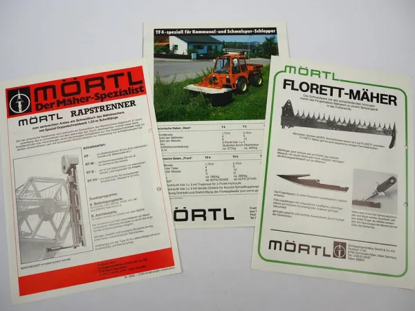 3x Original Prospekt Mörtl Landtechnik Mähwerke Rapstrenner ca. 1983/84