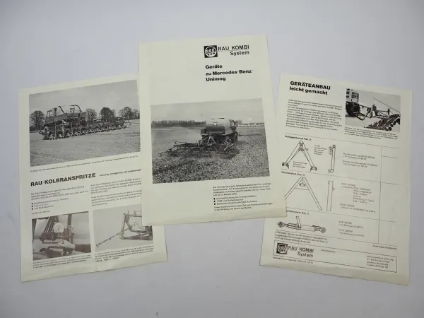 3x Original Prospekt Rau Anbaugeräte Spritzen Hackmaschine für Unimog 1970er J.