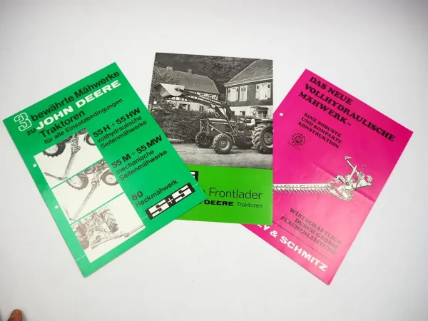 3x Original Prospekt Stockey & Schmitz S&S Frontlader Mähwerk John Deere Traktor