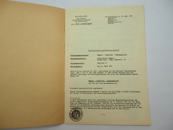 3x Original Prospekt Zulassung Wagner Stahlgerüst Neunkirchen Saar ca. 1966