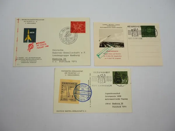 3x Postkarte Raketenpost Versuchsstart 1959/60/61 Zuckerrakete mit Briefmarken