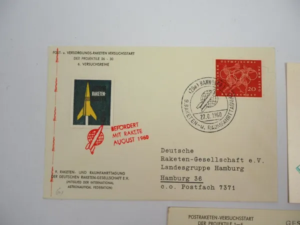 3x Postkarte Raketenpost Versuchsstart 1959/60/61 Zuckerrakete mit Briefmarken