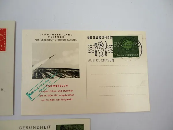 3x Postkarte Raketenpost Versuchsstart 1959/60/61 Zuckerrakete mit Briefmarken