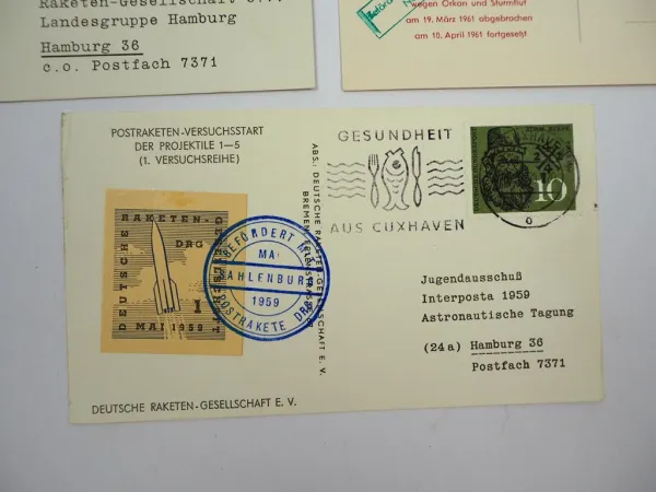 3x Postkarte Raketenpost Versuchsstart 1959/60/61 Zuckerrakete mit Briefmarken