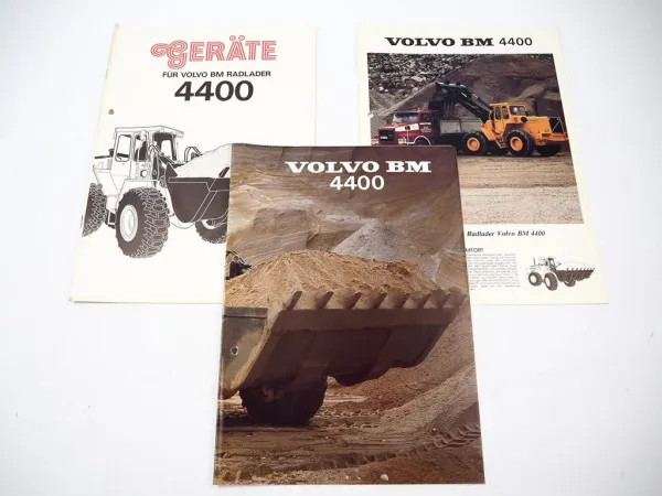3x Prospekt Volvo BM 4400 Radlader + Anbaugeräte 1979