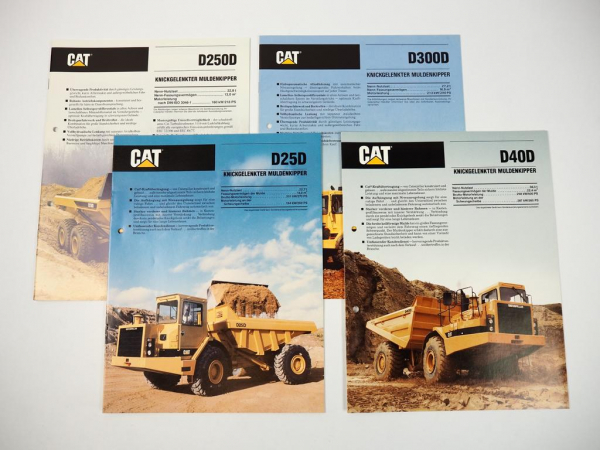 4 Prospekte Caterpillar CAT D25D D40D D250D D300D Muldenkipper 1989/92