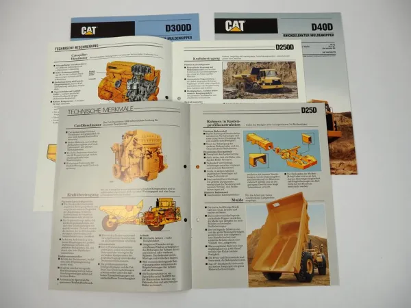 4 Prospekte Caterpillar CAT D25D D40D D250D D300D Muldenkipper 1989/92