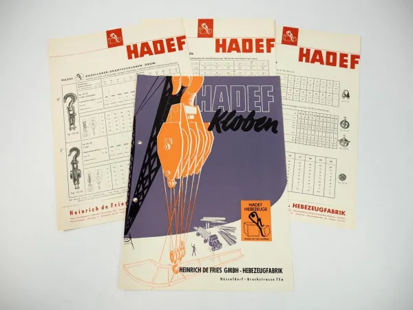 4 Prospekte De Fries HADEF Kloben Flaschenzug Hebezeuge Zubehör 1957