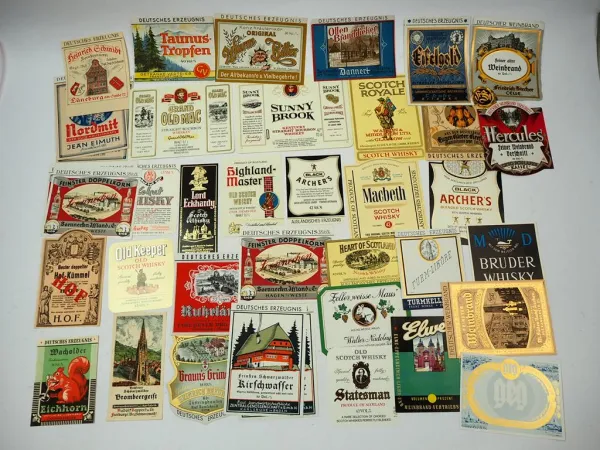 40x alte Etiketten Whisky Weinbrand Korn Wein unbenutzt