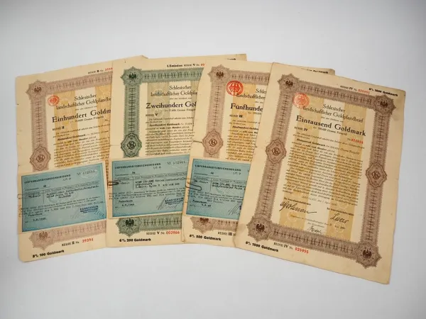 4x alte Wertpapiere Schlesischer landschaftlicher Goldpfandbrief Breslau 1925/27