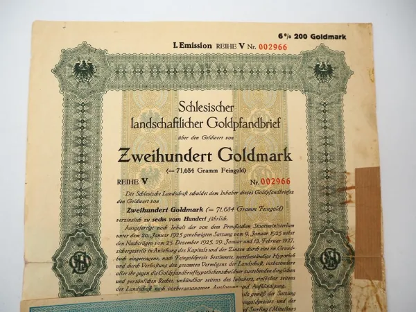 4x alte Wertpapiere Schlesischer landschaftlicher Goldpfandbrief Breslau 1925/27