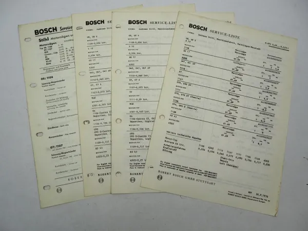 4x Orig. Bosch Service Liste für Stihl Motorsäge Sprühgerät Bohrgerät BJ 1954-69