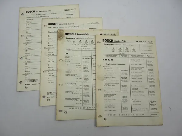 4x Original Bosch Service-Liste für Farymann Motoren BJ 1958-1967