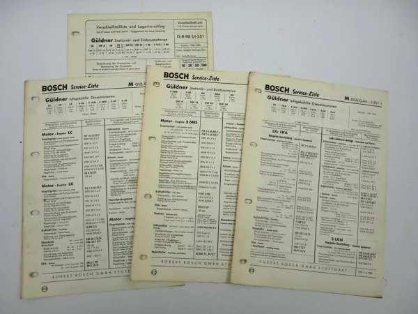 4x Original Bosch Service-Liste für Güldner Motoren BJ 1948-1962 GK GW GB LC LK
