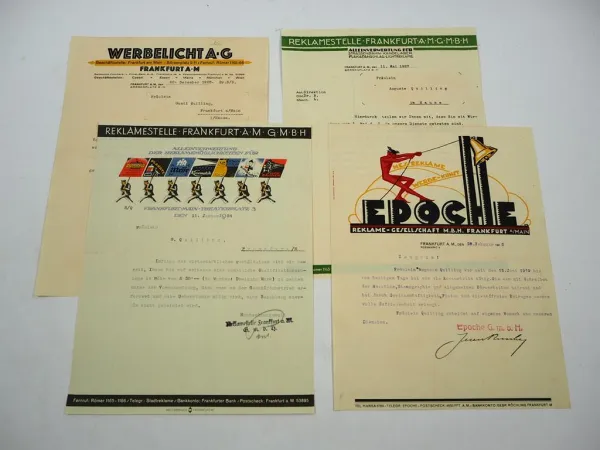 4x Original Firmenbrief Reklamestelle Werbelicht AG Frankfurt 1920er Jahre
