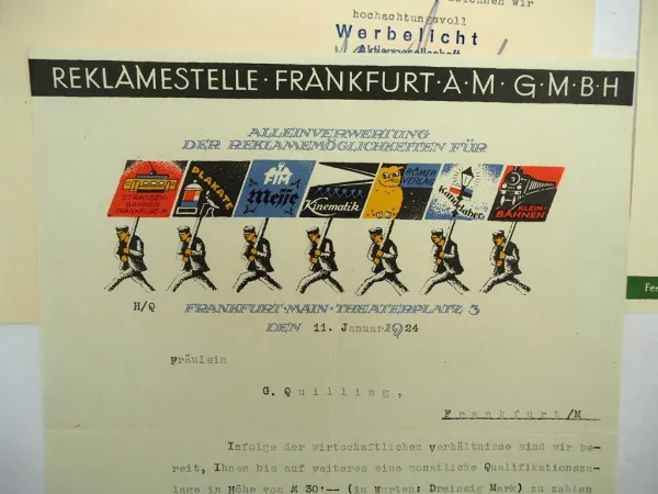 4x Original Firmenbrief Reklamestelle Werbelicht AG Frankfurt 1920er Jahre