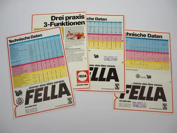 4x Original Prospekt Fella Landtechnik Mähwerk Heuer Schwader ca. 1983