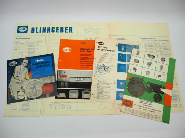 4x Original Prospekt Hella Scheinwerfer Leuchten Blinker für Traktor 1960/70er