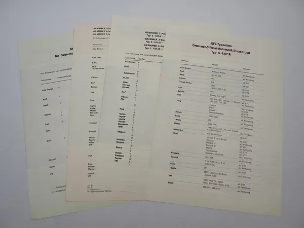 4x Prospekt Grammer Sicherheitsgurt für PKW Auto 1970er z.B. Porsche Audi BMW