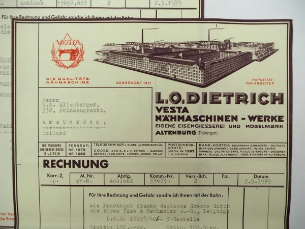 4x Rechnung Vesta Nähmaschinen Werke Altenburg L. O. Dietrich 1939