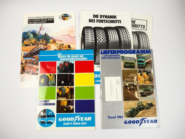 5 Prospekte Goodyear Reifen Lieferprogramm für LKW Erdbewegungsmaschinen 1980er