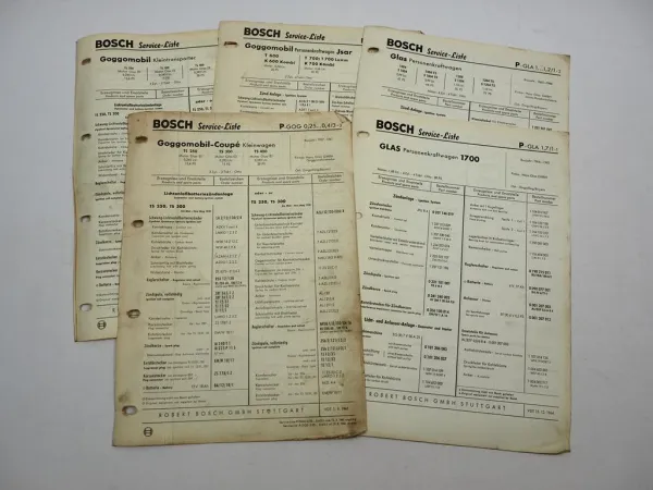 5x Original Bosch Service-Liste für Glas PKW Isar Goggomobil BJ 1957-1961