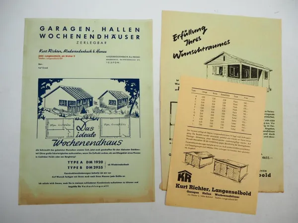 5x Original Prospekt Garagen Wochenendhaus 1950/60er Jahre Richter Harzmann