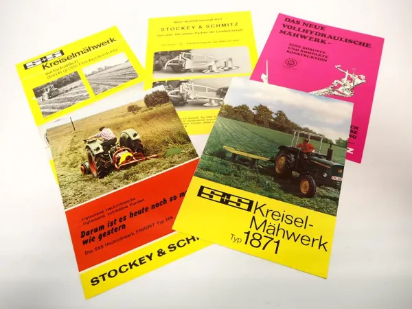 5x Original Prospekt Stockey & Schmitz Mähwerk für John Deere Schlepper 1980er