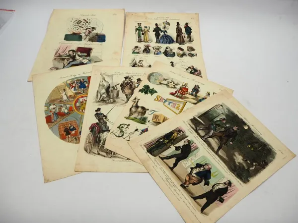 6 Blätter Kolorierte Kupferstiche A. Bäuerle Wien Büro der Theaterzeitung ca. 1850