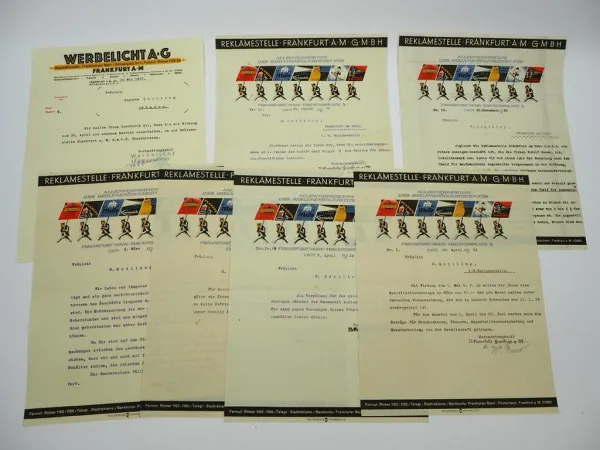 6x Original Firmenbrief Briefkopf Reklamestelle Werbelicht AG Frankfurt 1920er J.