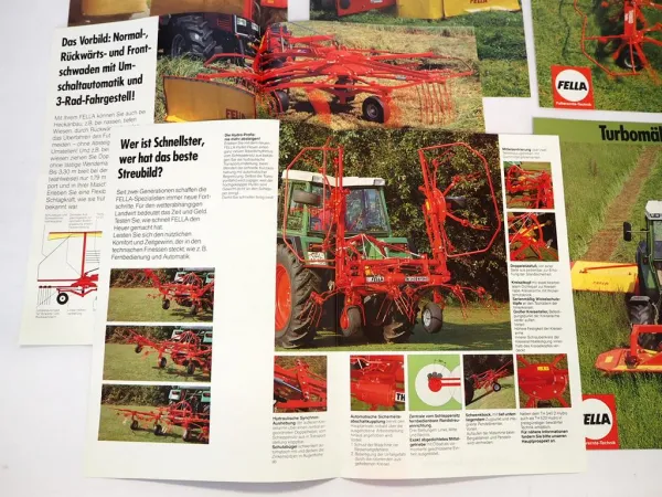 6x Original Prospekt in Mappe Fella Landtechnik Mähwerk Turboheuer Schwader 1990