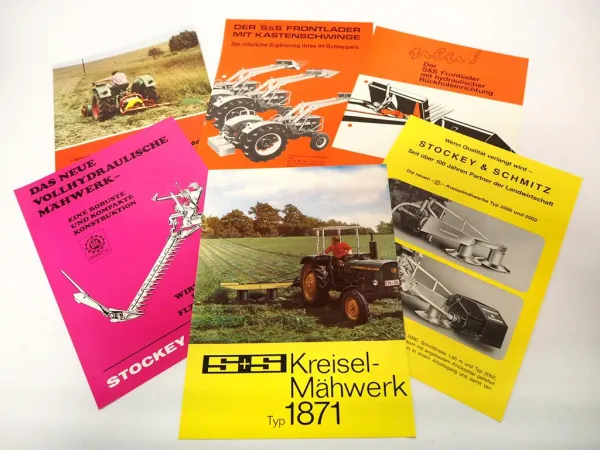 6x Original Prospekt Stockey & Schmitz Mähwerk Frontlader John Deere IHC Traktor
