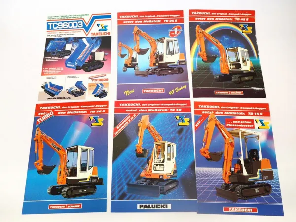 6x Prospekt Takeuchi TB15S TB25S TB36S TB45S TZ30 Raupenbagger 1990er Jahre