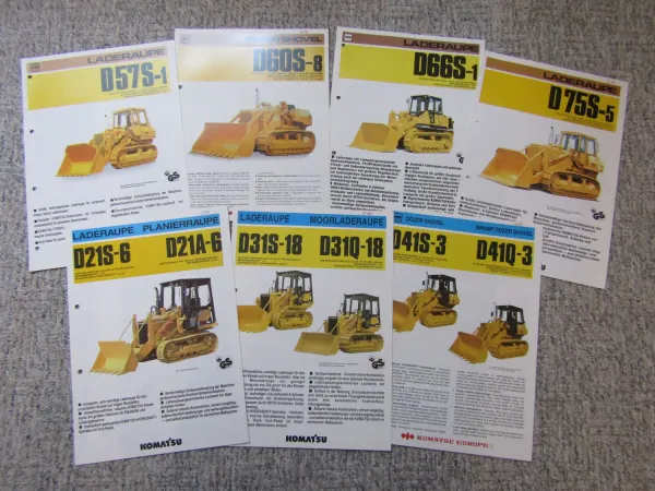 7 Prospekte Komatsu D57S-1 66S-1 75S-5 31S-18 Laderaupe Planierraupe 1991 1992