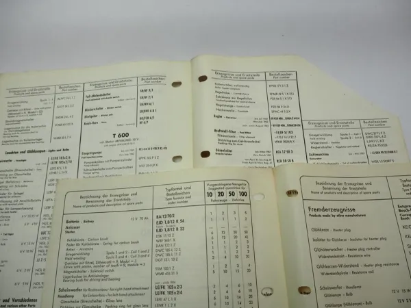 7x Bosch Service-Liste für Bautz 200 - AW 151 Schlepper T600 Mähdrescher 1951-62