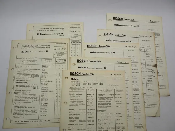 7x Original Bosch Service-Liste für General Motors Holden PKW EH FJ FC 1953-1964