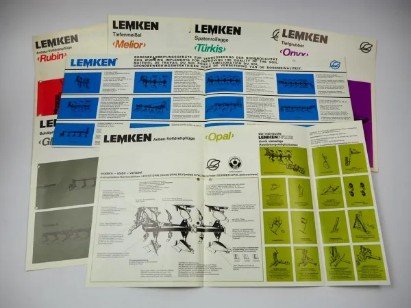 7x Original Prospekt Lemken Anbaugeräte für Schlepper ca. 1970er Jahre